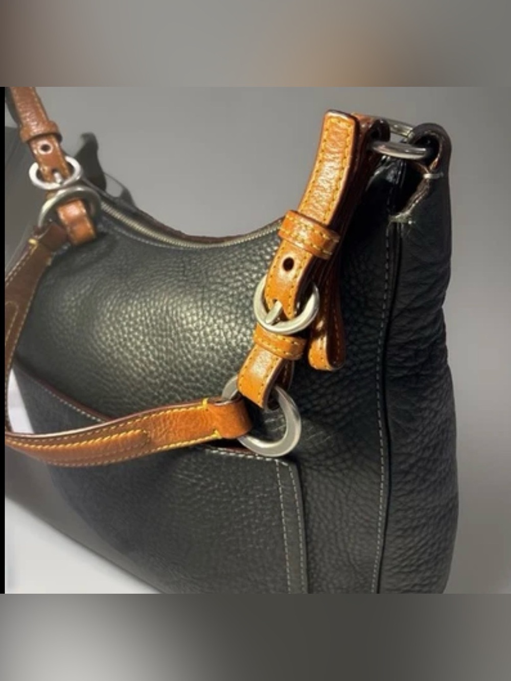 COACH Hobo Black Pebbled Leather Bag/Purse Brown shoulder Strap Zip Close - Picture 7 of 16